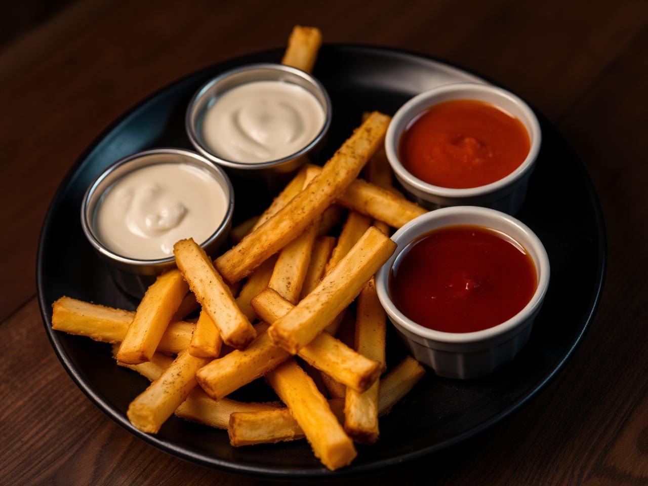 Crispy fries with dipping sauces