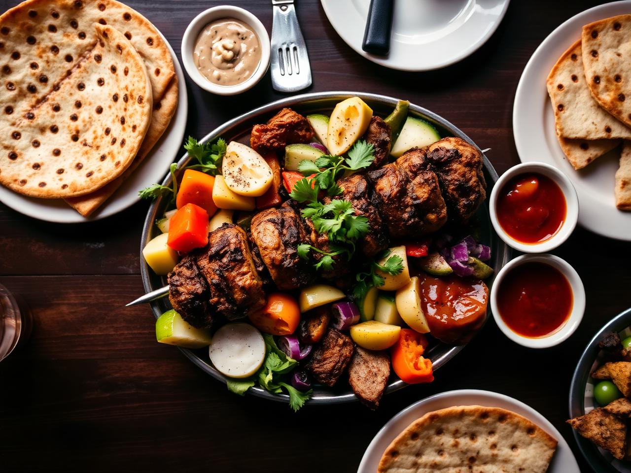 Loaded kebab plate with vegetables